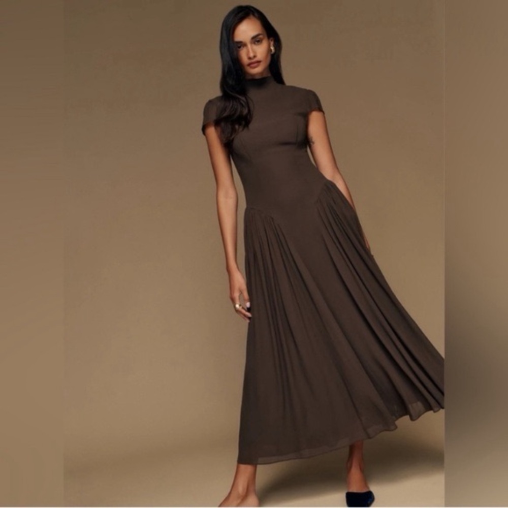 Reformation Maven Maxi Dress Brown Mock Neck Cap Sleeve Size 2